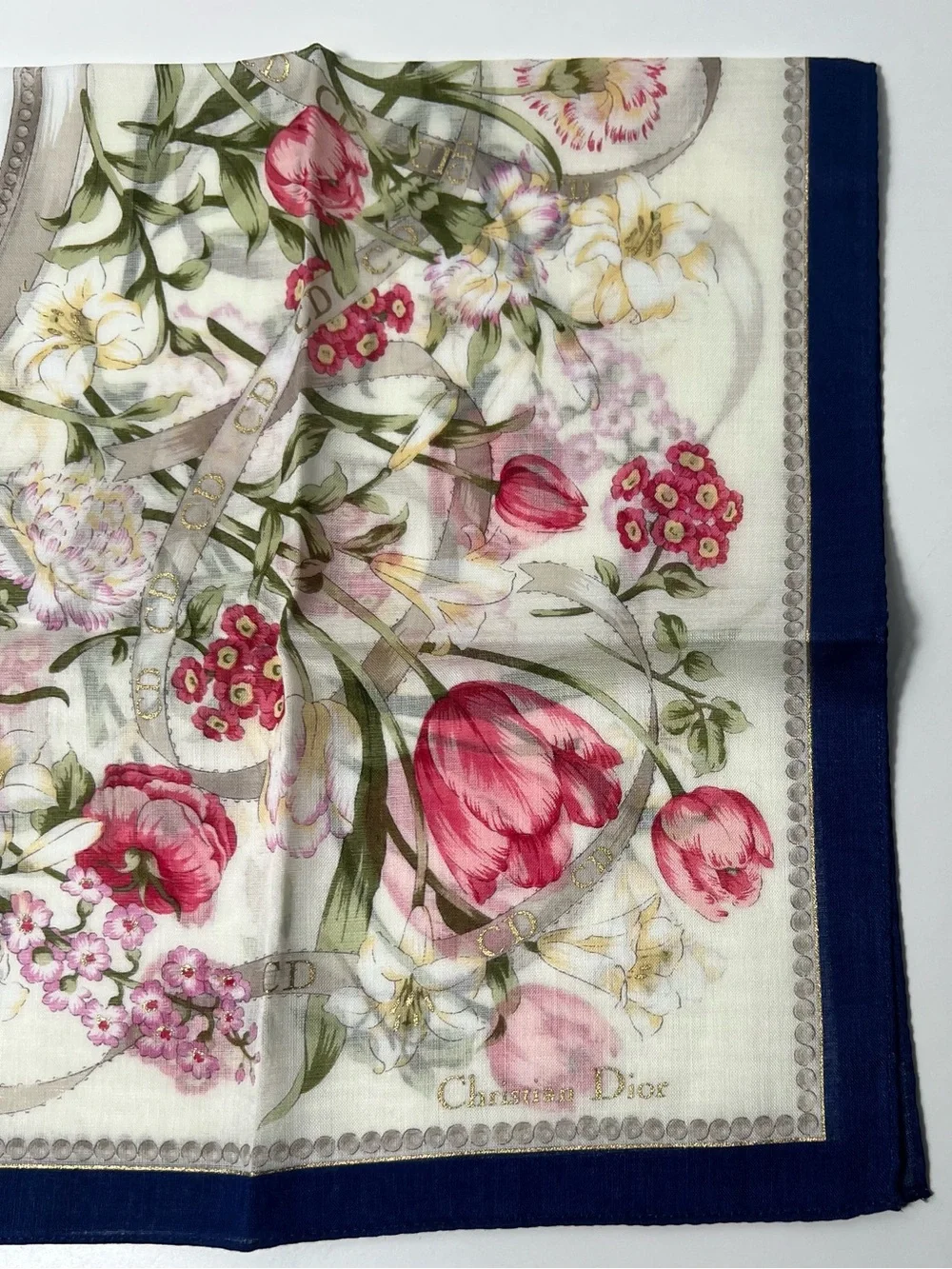 Christian Dior CD Monogram Logo Vintage Floral Cotton Scarf Bandana Handkerchief